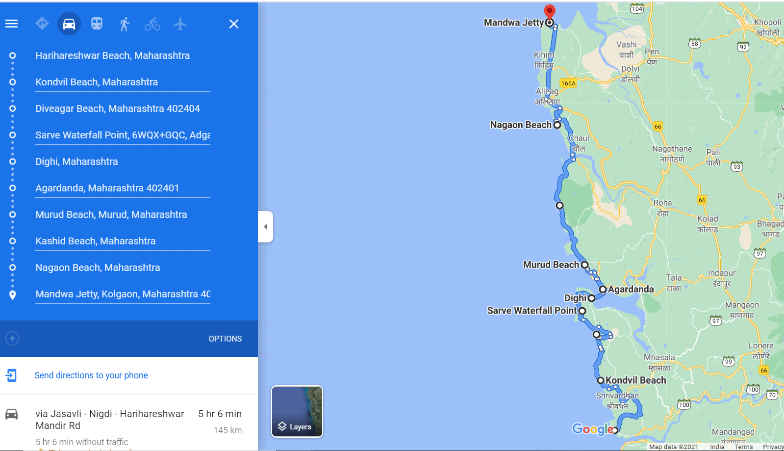 Google maps Route from Harihareshwar to Mumbai road trip